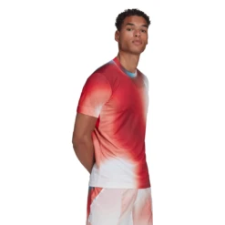 Adidas Men's Melbourne FreeLift Printed Top (White/Vivid Red/Black) 16 Adidas Men's Melbourne FreeLift Printed Top (White/Vivid Red/Black) -YONEX Store H67126 APP on model walking white